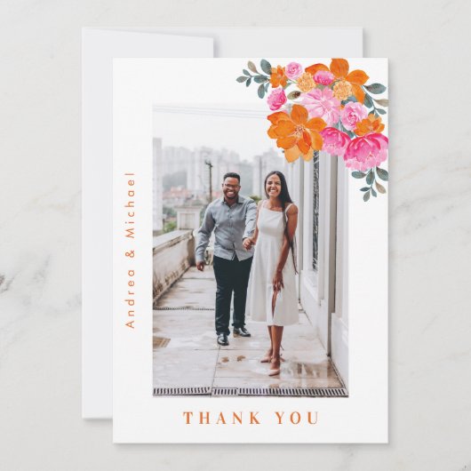 Verse Zomer Roze & Sinaasappel Bloemen Foto Bruilo Bedankkaart (Voorkant)