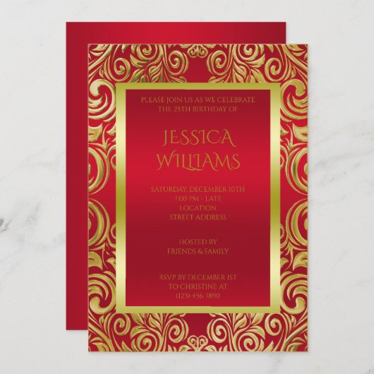 Versierd Gouden Swirls & Ruby Rood Verjaardagsfees Kaart (Voorkant / Achterkant)