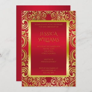 Versierd Gouden Swirls & Ruby Rood Verjaardagsfees Kaart