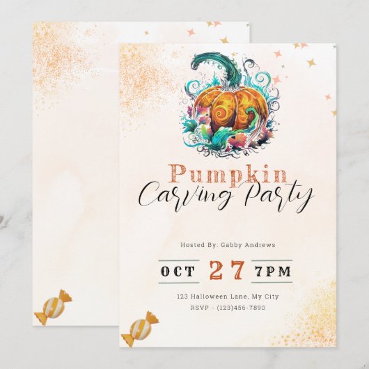 Versierd Sinaasappel Pompoen Carving Party Kaart (Voorkant / Achterkant)
