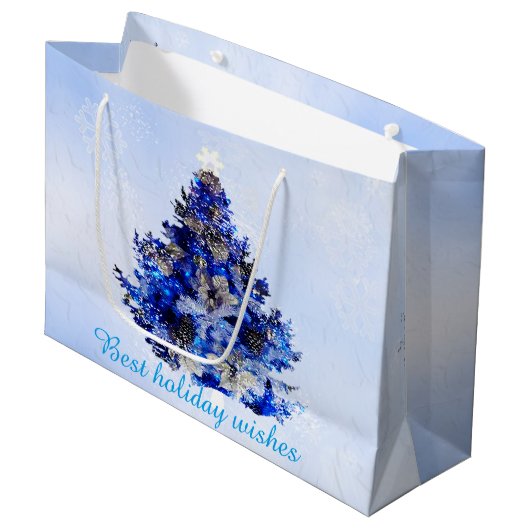 versierde blauwe kerstboom large cadeautasje (Voorkant Gekanteld)