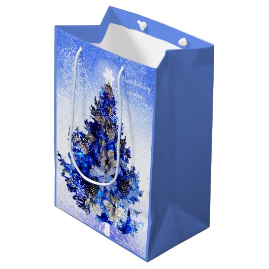 Versierde blauwe kerstboom medium cadeauzakje (Voorkant Gekanteld)
