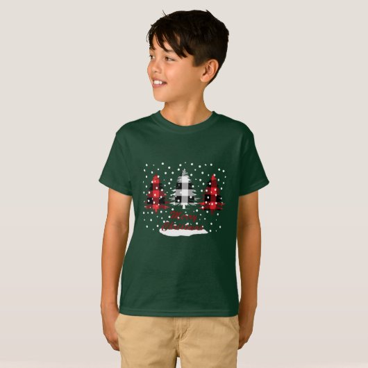 Versierde buffels plaid kerstpijnbomen t-shirt (Voorkant volledig)