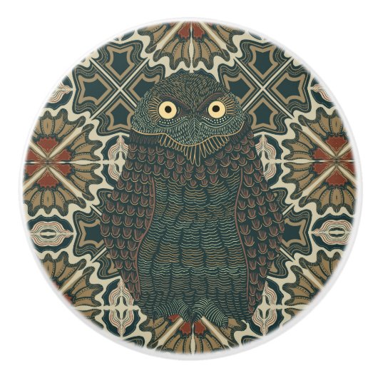 Versierde Burrowing Owl Gouden Bruine tinten Keramische Knop (Voorkant)