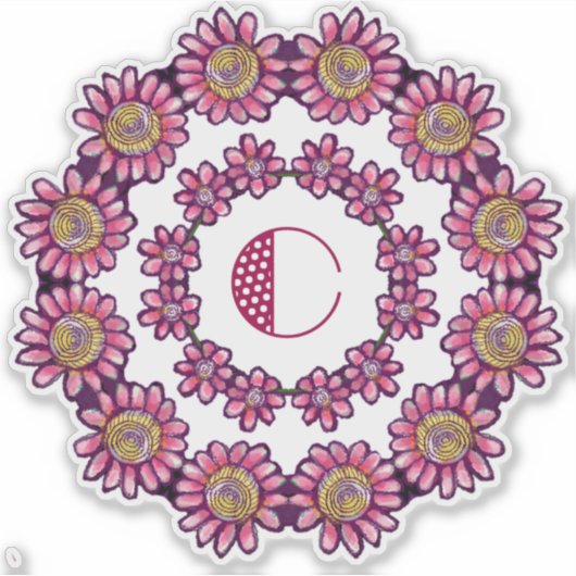 Versierde C-monogram met Mooie Boho Bloemen Sticker (Voorkant)