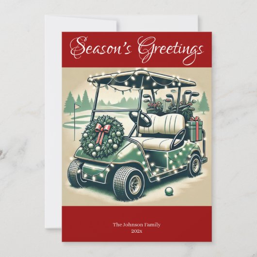 Versierde Golfkar • Foto in Helderrood Feestdagenkaart (Voorkant)