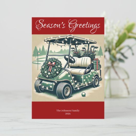 Versierde Golfkar • Foto in Helderrood Feestdagenkaart (Staand voorkant)