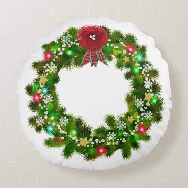 Versierde Kerst Festieve Krans Rond Kussen (Voorkant)