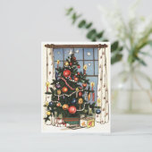 Versierde kerstboom bij het raam, vintage briefkaart (Staand voorkant)