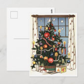 Versierde kerstboom bij het raam, vintage briefkaart (Voorkant / Achterkant)