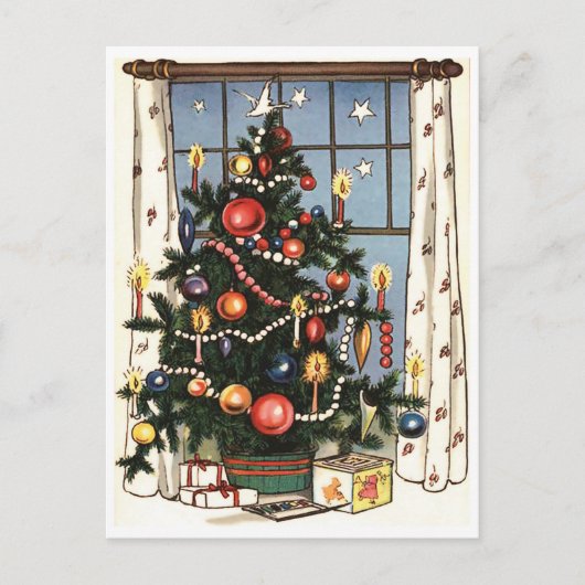 Versierde kerstboom bij het raam, vintage briefkaart (Voorkant)