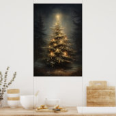 Versierde kerstboom in bos 's nachts poster (Keuken)