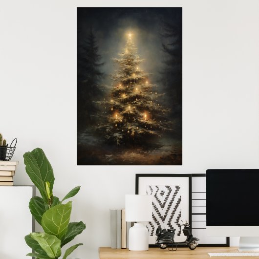 Versierde kerstboom in bos 's nachts poster (Thuiskantoor)