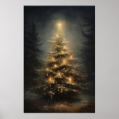 Versierde kerstboom in bos 's nachts poster (Voorkant)