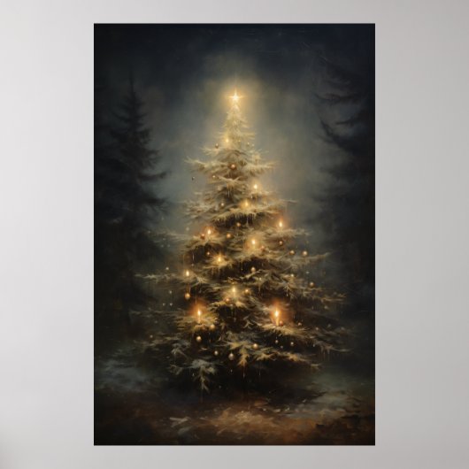 Versierde kerstboom in bos 's nachts poster (Voorkant)