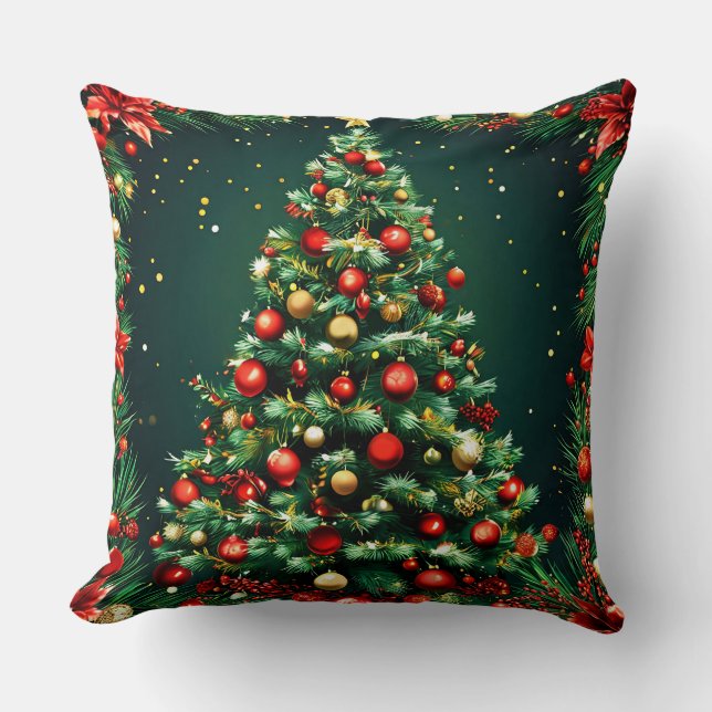 Versierde kerstboom in een winters landschap kussen (Voorkant)