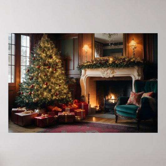 Versierde kerstboom oud Victoriaans huis Poster (Voorkant)