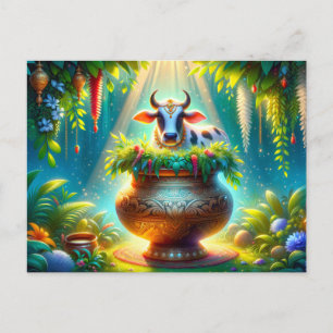 Versierde Koe in Pongal Pot Briefkaart