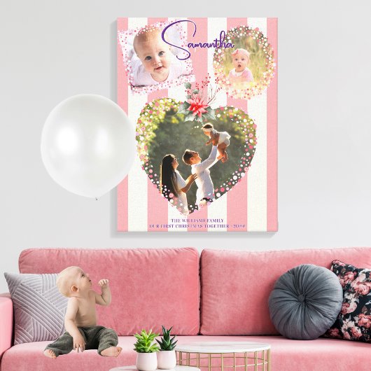 Versierde Lijsten 3 Foto's Roze 1e Kerstmis Mijlpa Canvas Afdruk