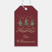 Versierde moderne vrolijke kerstpijnbomen cadeaulabel (Voorkant)