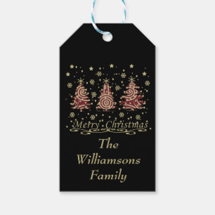 Versierde moderne vrolijke kerstpijnbomen cadeaulabel