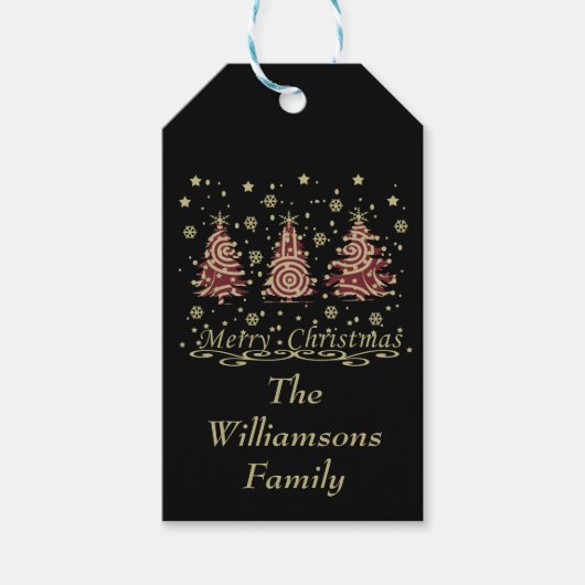 Versierde moderne vrolijke kerstpijnbomen cadeaulabel (Voorkant)