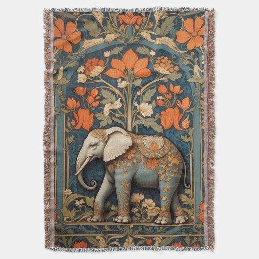 Versierde olifant William Morris geïnspireerd Flor Deken (Voorkant Verticaal)