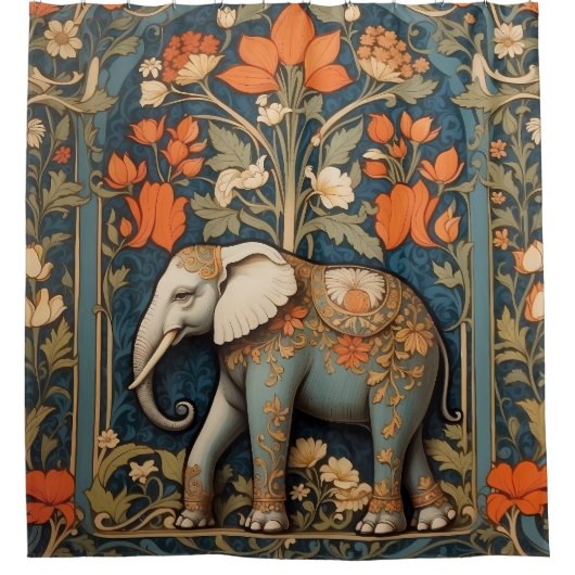 Versierde olifant William Morris geïnspireerd Flor Douchegordijn (Voorkant)