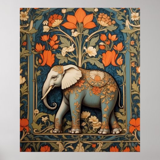 Versierde olifant William Morris geïnspireerd Flor Poster (Voorkant)