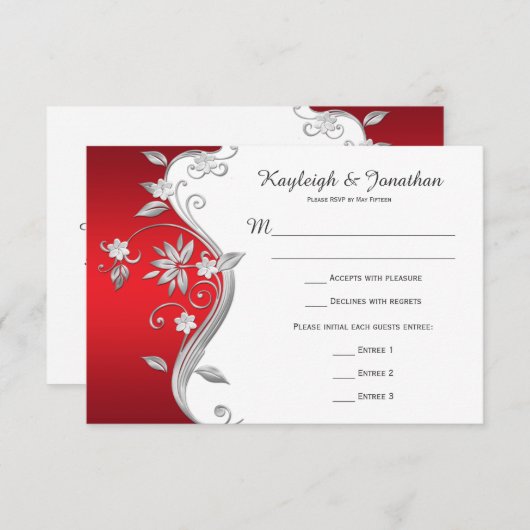 Versierde rode witte zilveren bloemen RSVP (Voorkant / Achterkant)