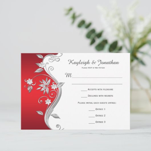 Versierde Rood Wit Zilver Bloemen RSVP (Staand voorkant)