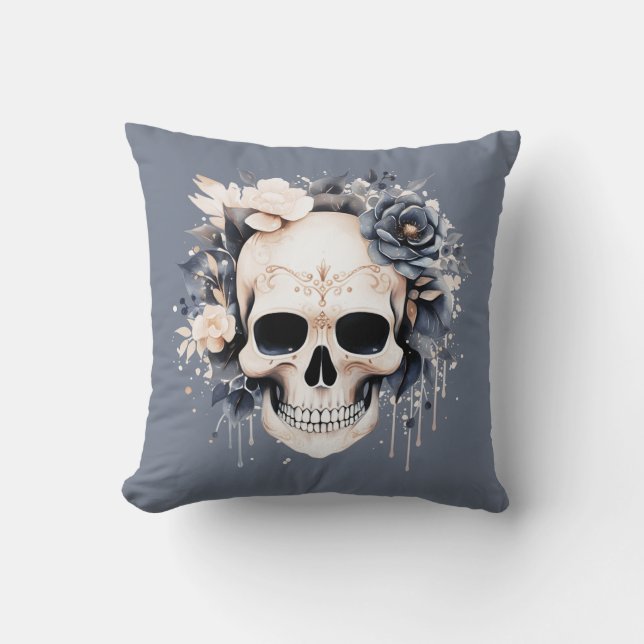 Versierde Schedel Blauwe en Witte Bloemen Hallowee Kussen (Voorkant)