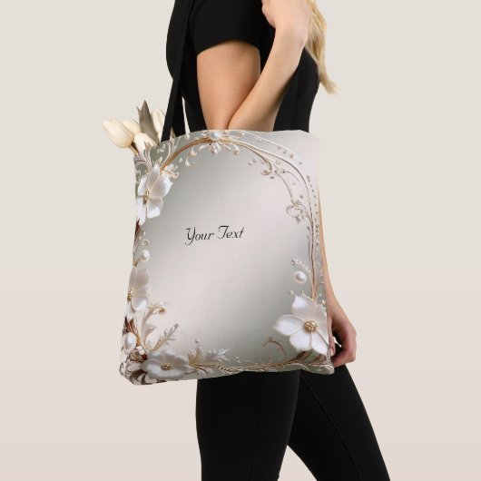 Versierde witte bloem frame tote tas (Dichtbij)