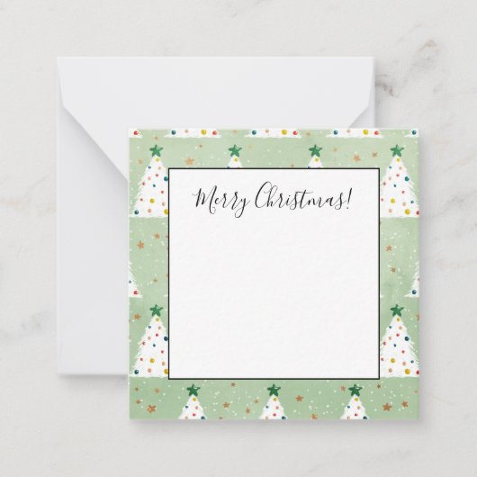 Versierde Witte Kerstbomen Groene Ster & Ornamente Notitiekaartje (Voorkant)