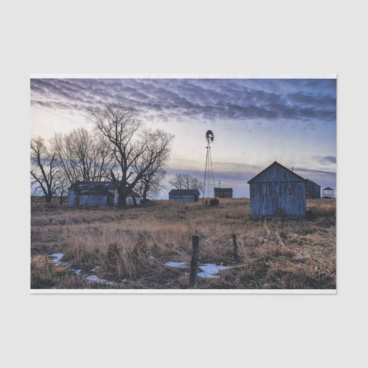 Versleten Grijze Schuren in een Bruin Grasveld Tissuepapier (Voorkant)