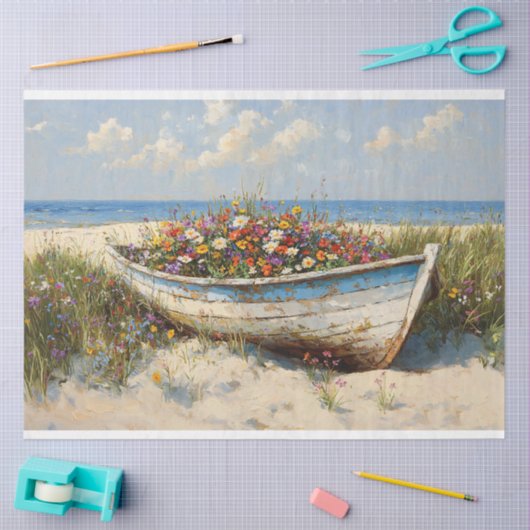 Versleten houten boot met Wildflowers Decoupage Tissuepapier (Craft)