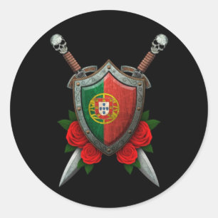 Versleten Portugees vlaggenschild en zwaarden met  Ronde Sticker