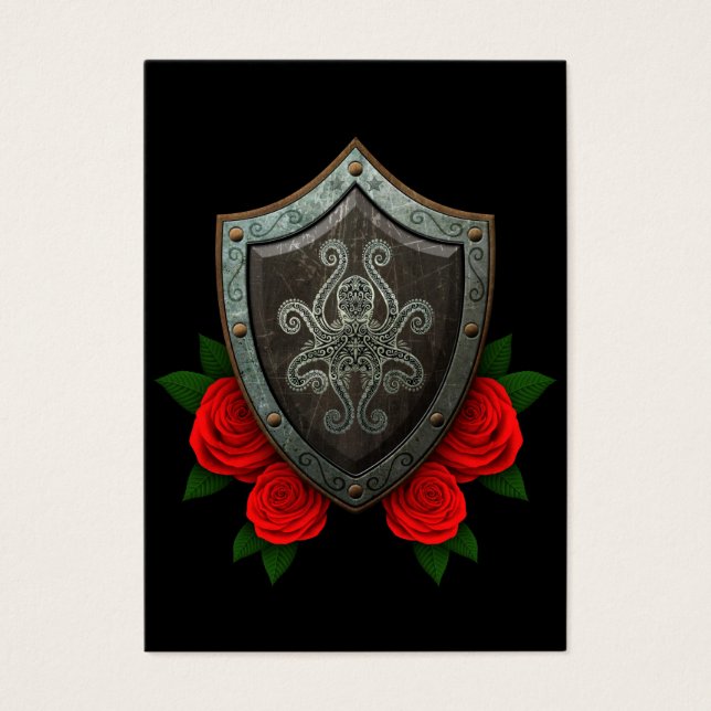 Versleten Versierde Octopus Schild met Rode Rozen Visitekaartje (Voorkant)