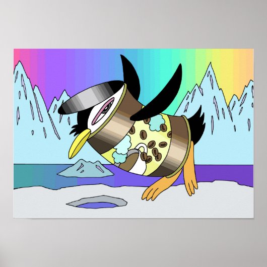 Versmelting van blikjes koffie en pinguïns. poster (Voorkant)