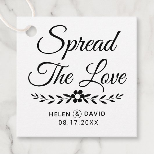 Verspreid de liefdeszwarte typografie, bloembruilo bedankjes labels (Voorkant)