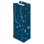 Verspreid sterrenpatroon op blauw wijn cadeautas (Achterkant Gekanteld)