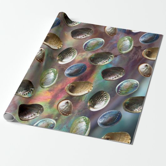 Verspreide 3D Paua Shells op Paua Achtergrond Cadeaupapier (Uitgerold)