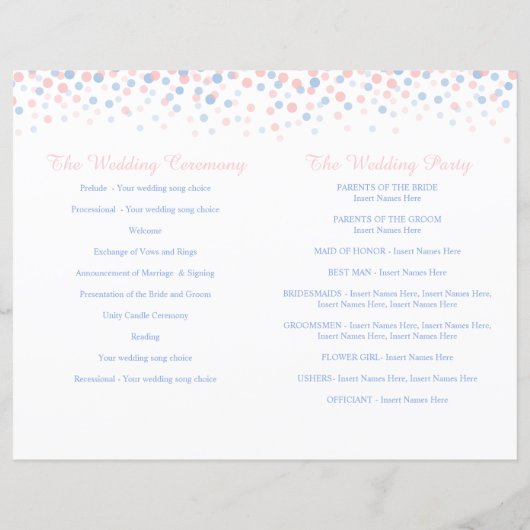 Verspreide confetti stippen roze blauw trouwprogra (Achterkant)
