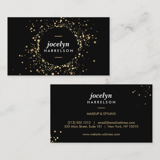 Verspreide Faux Gold Confetti Circle op zwart Visitekaartje (Voorkant / Achterkant)