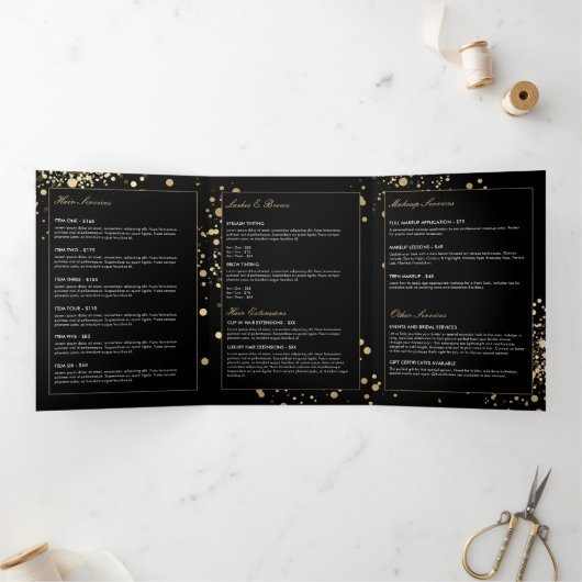 Verspreide Faux Gold Confetti op Black Brochure Drieluik Kaart (Binnen)