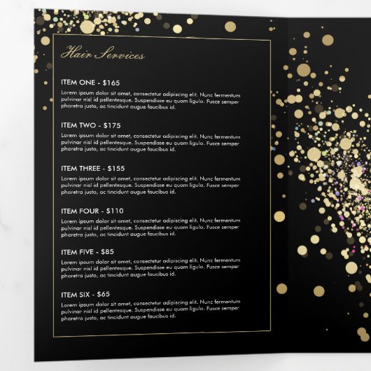 Verspreide Faux Gold Confetti op Black Brochure Drieluik Kaart (Binnenzijde eerst)