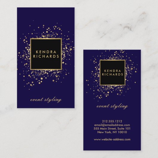 Verspreide Faux Gold Confetti op Modern Blue Visitekaartje (Voorkant / Achterkant)