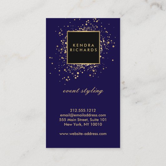 Verspreide Faux Gold Confetti op Modern Blue Visitekaartje (Achterkant)