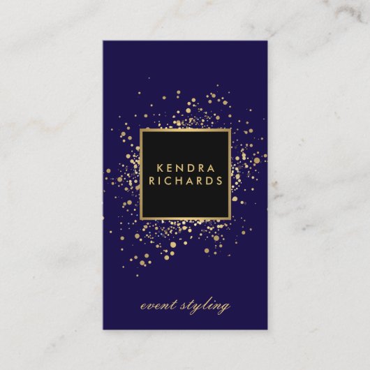 Verspreide Faux Gold Confetti op Modern Blue Visitekaartje (Voorkant)