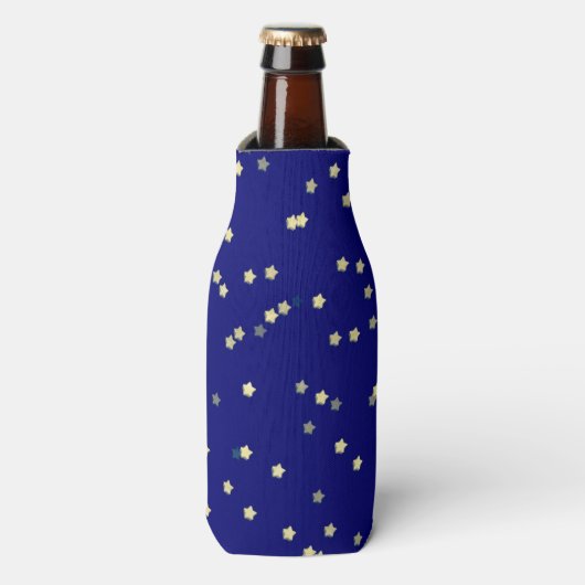 Verspreide gouden sterren op blauw flesjeskoeler (Fles Voorkant)